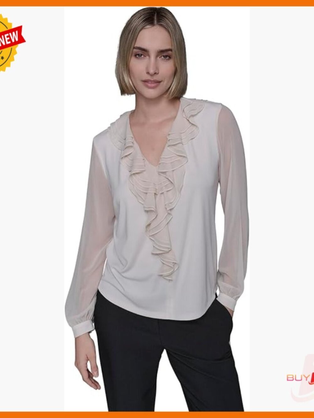 Sheer Long Sleeve Ruffle Front V-Neck Woven Blouse Regular Fit